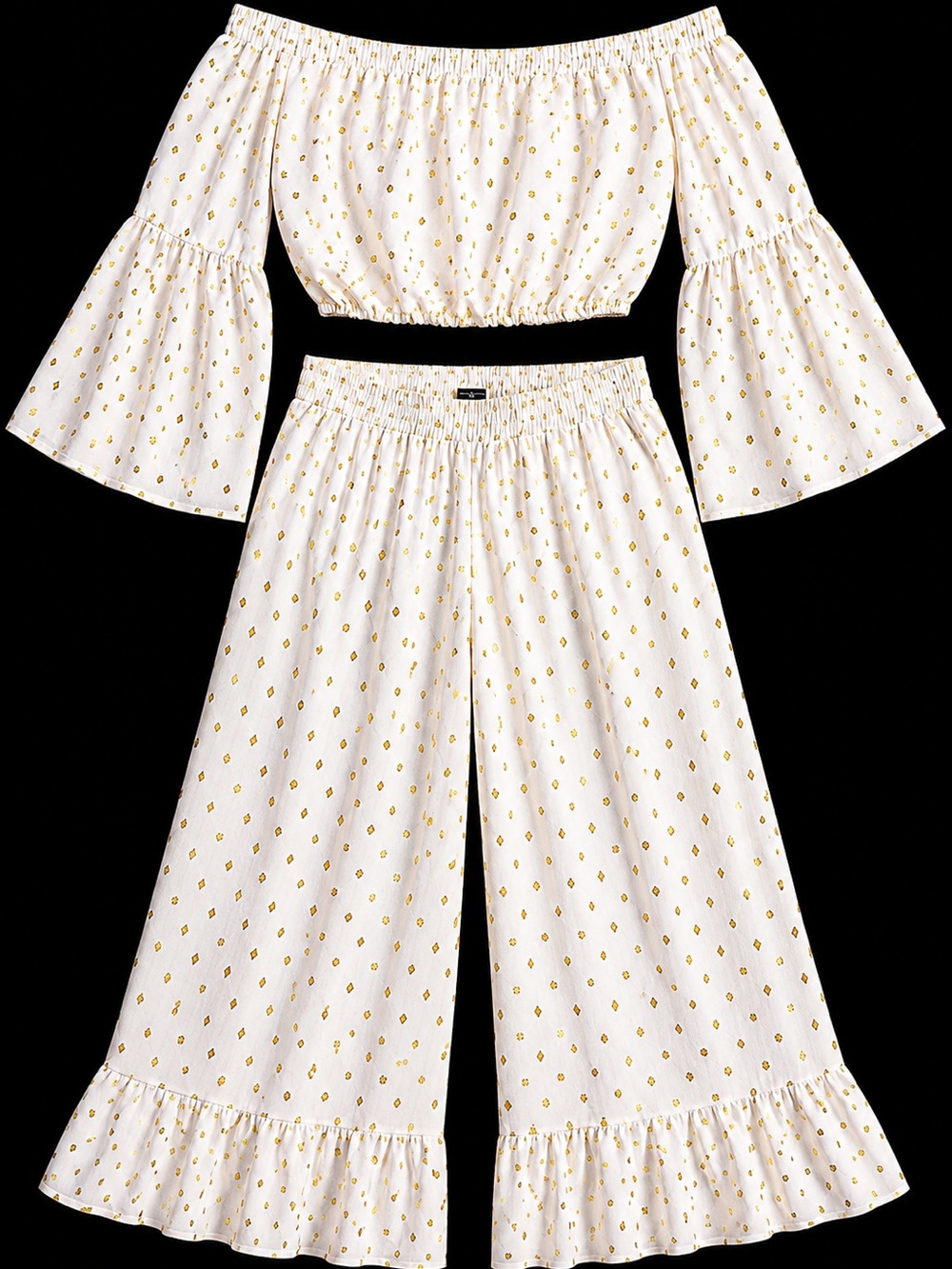 Ashley Stewart White and Gold Off-Shoulder Top & Wide-Leg Pants Set Size 14/16